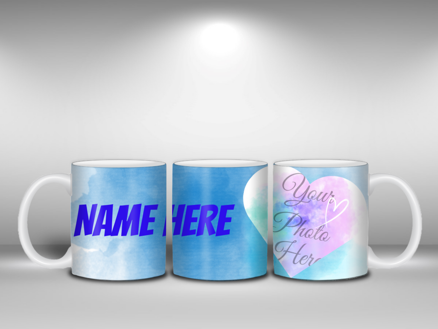 11oz Ceramic Mug Custom Name & Heart on Blue Water color