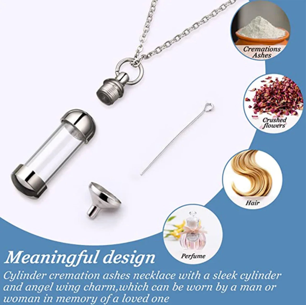 Stainless steel necklace with transparent glass keepsake chamber for ashes, hair I.e.