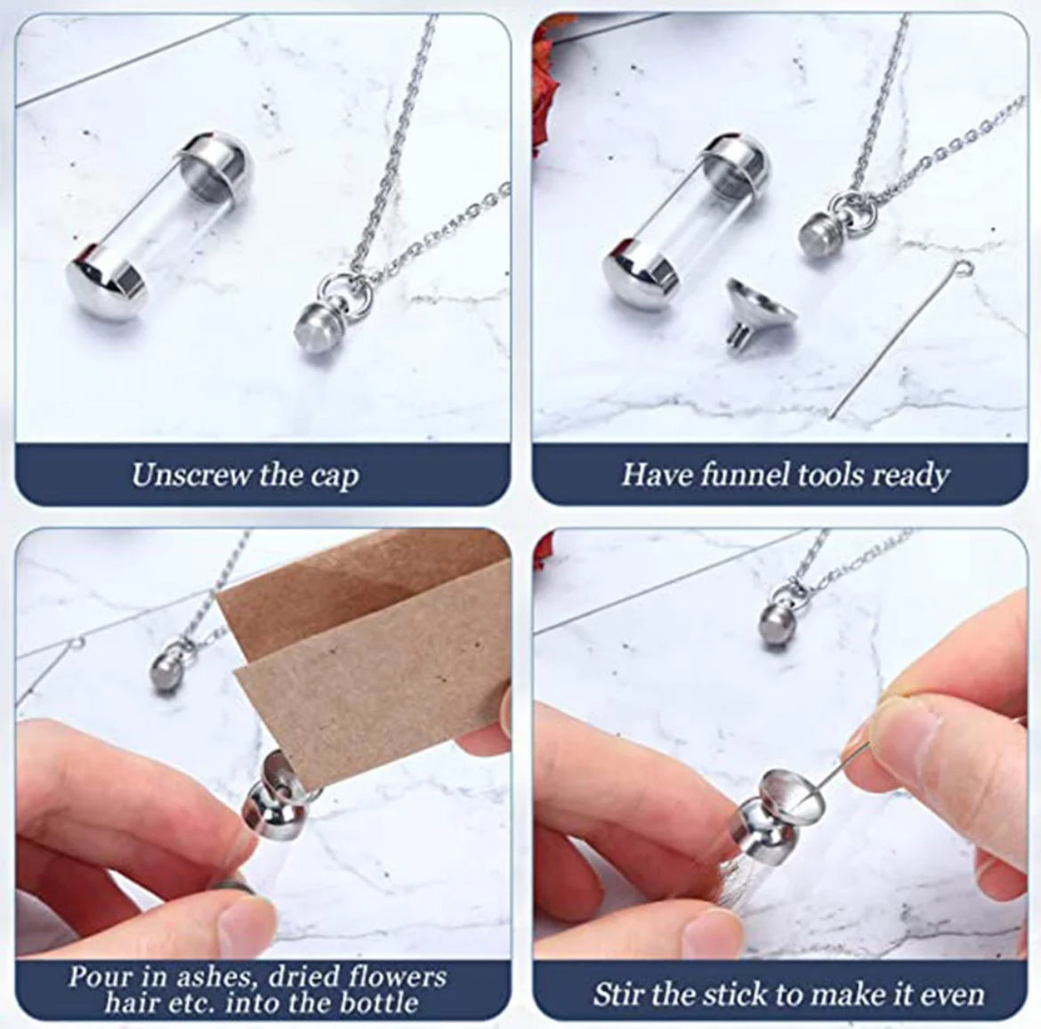 Stainless steel necklace with transparent glass keepsake chamber for ashes, hair I.e.