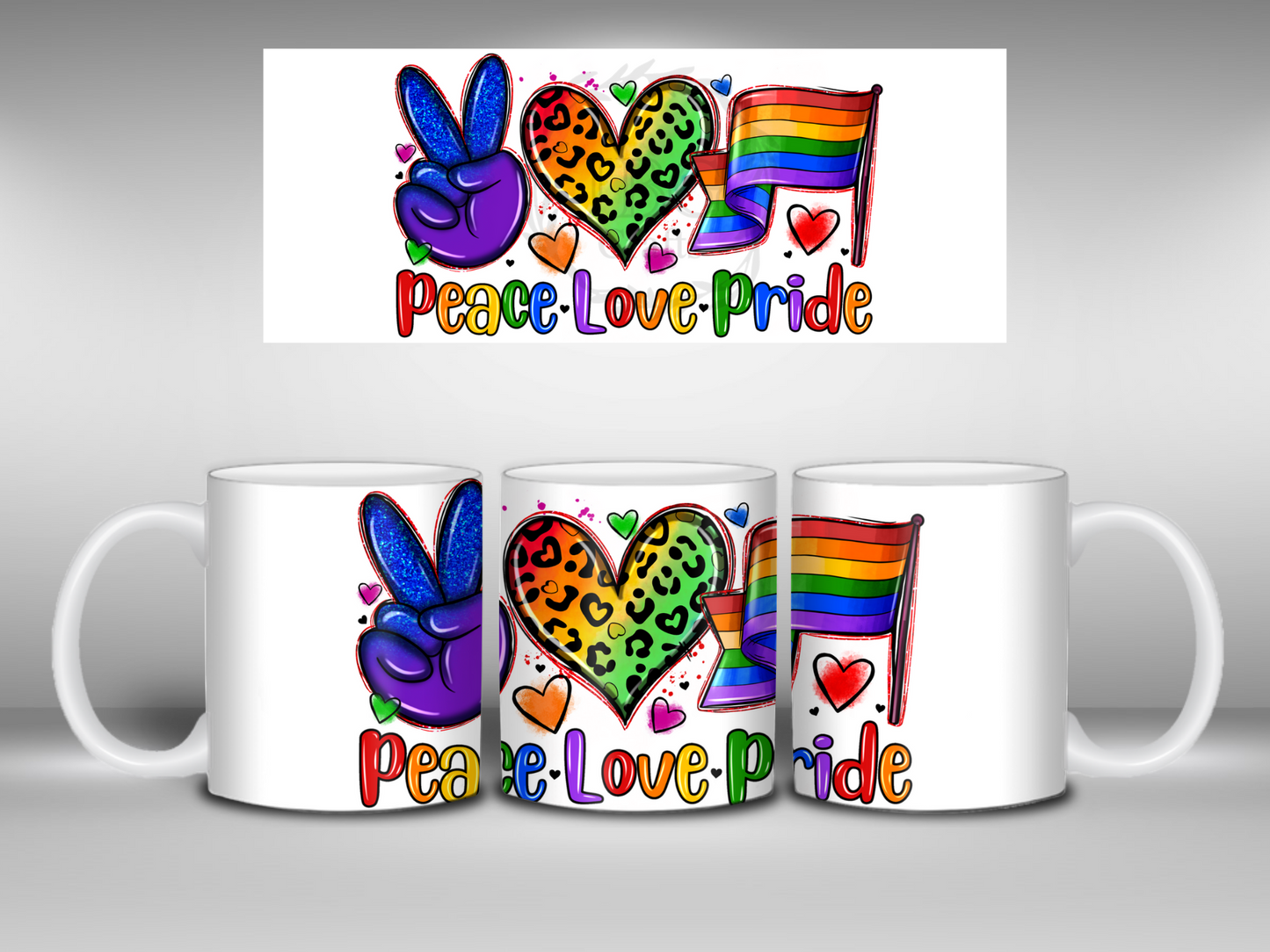 11oz Ceramic Mug With Peace, Love & Pride Design