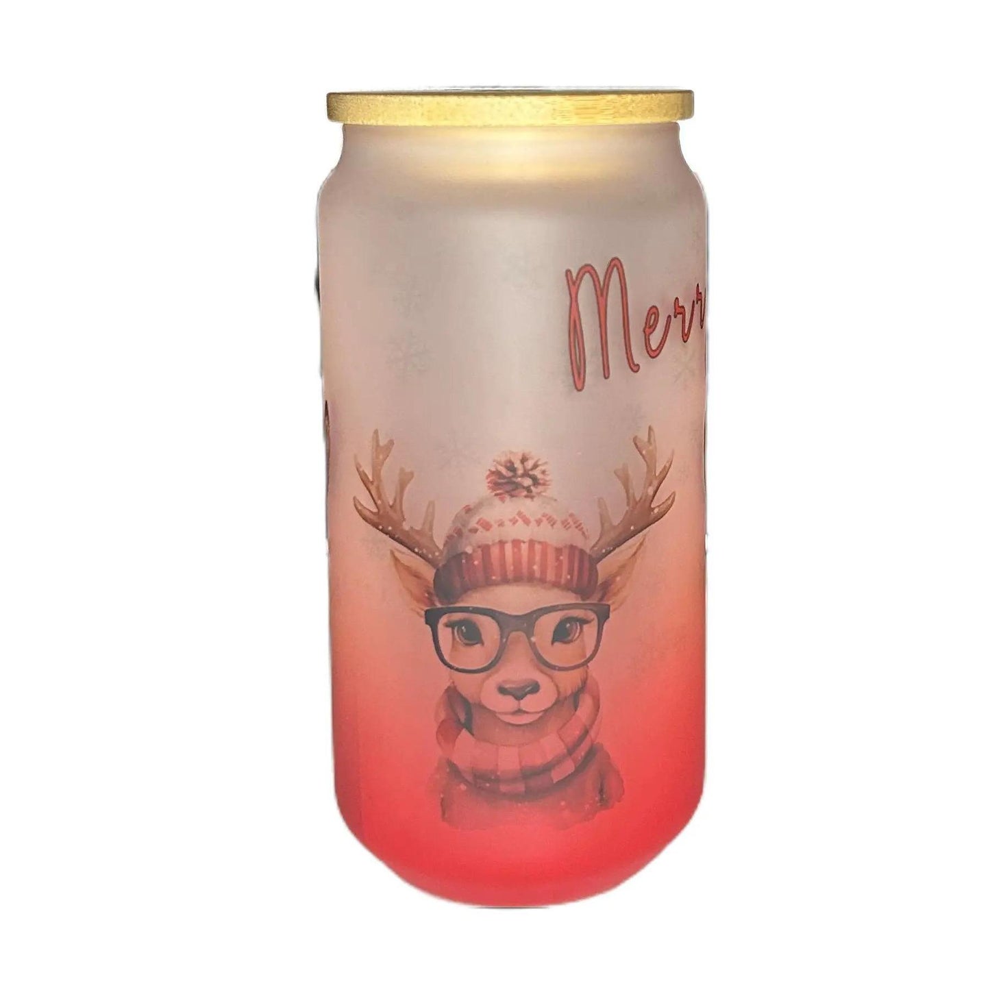 18 oz Red Frosted Glass Bamboo Glass with Merry Christmas and Reindeer Drinkware Lid