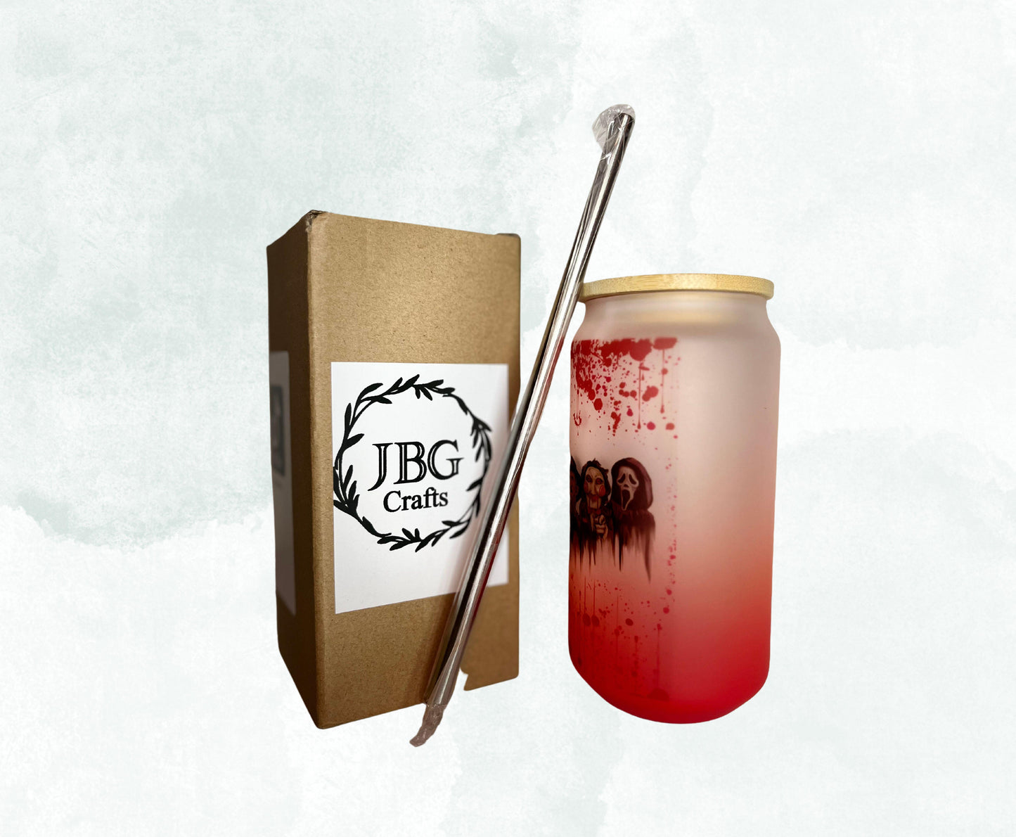 18oz Red Horror Movie Collection Frosted Glass Can With Bamboo Lid and Straw Drinkware