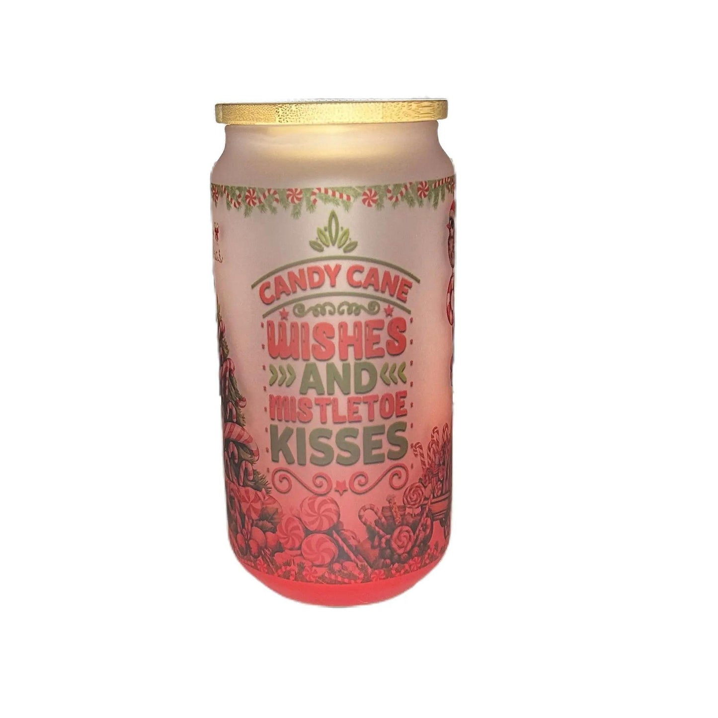 18 oz Red Frosted Glass Bamboo Cup with Merry Christmas and Candy Can Kisses Drinkware Lid