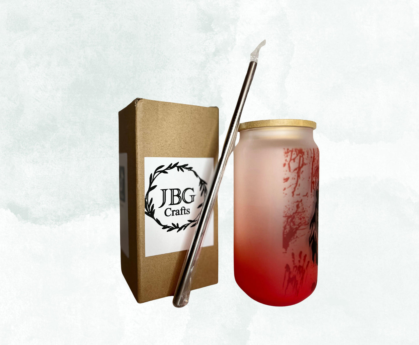 16oz Red Bloody Ghost Face Frosted Glass Can With Bamboo Lid and Straw Drinkware Stylish