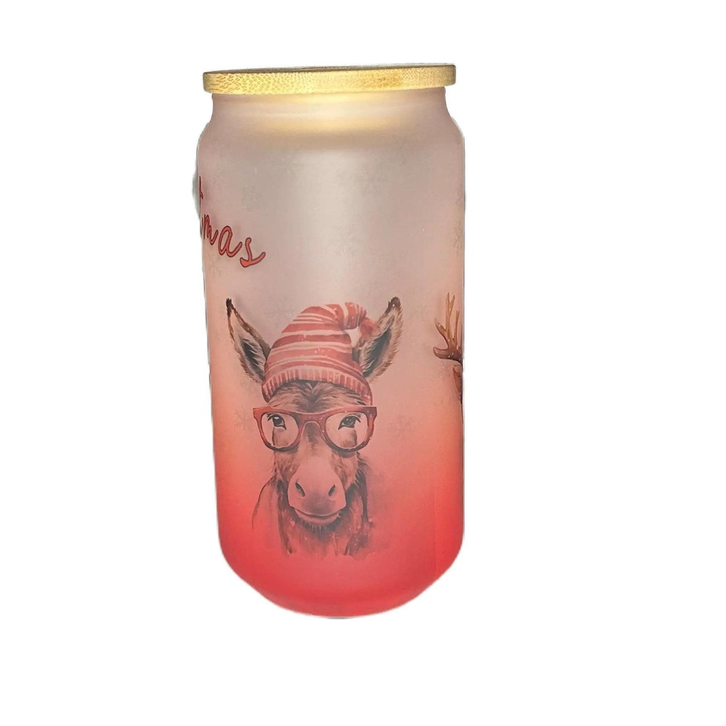 18 oz Red Frosted Glass Bamboo Glass with Merry Christmas and Reindeer Drinkware Lid