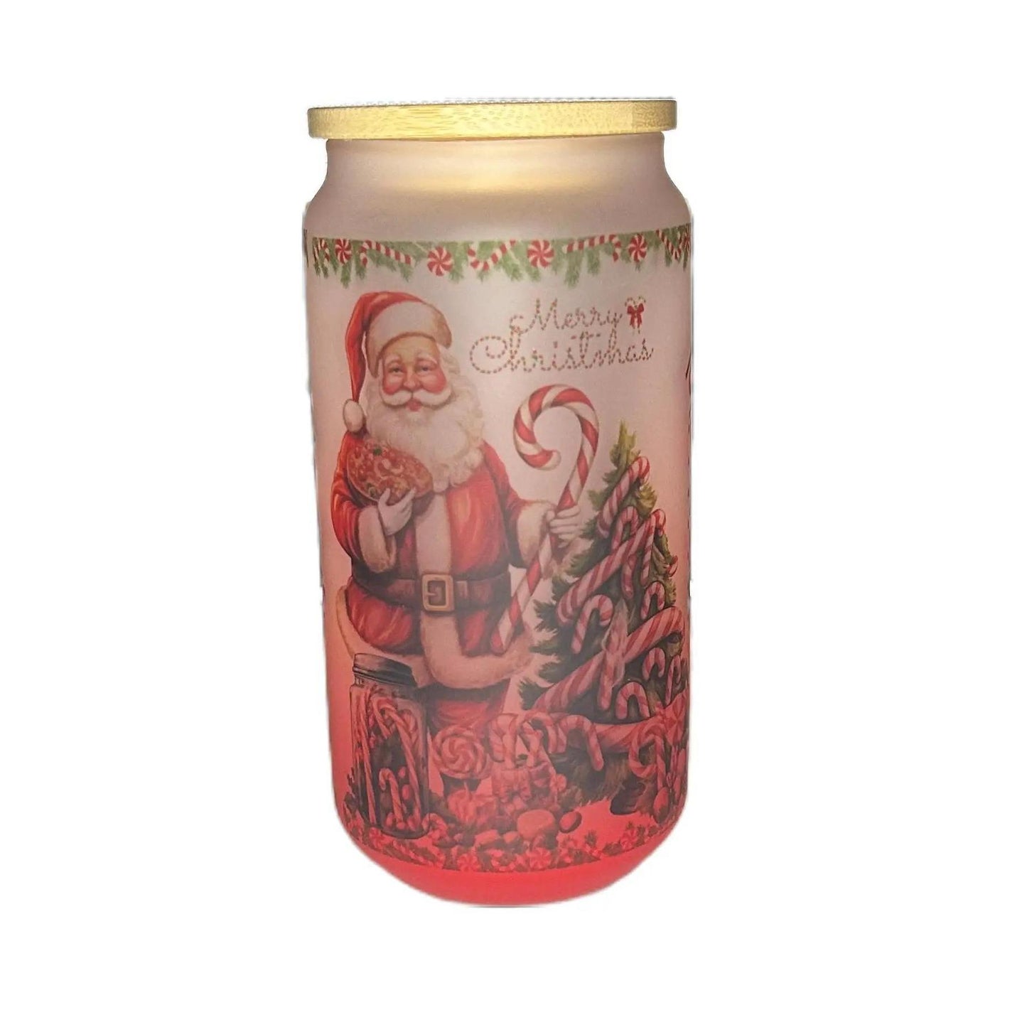 18 oz Red Frosted Glass Bamboo Cup with Merry Christmas and Candy Can Kisses Drinkware Lid