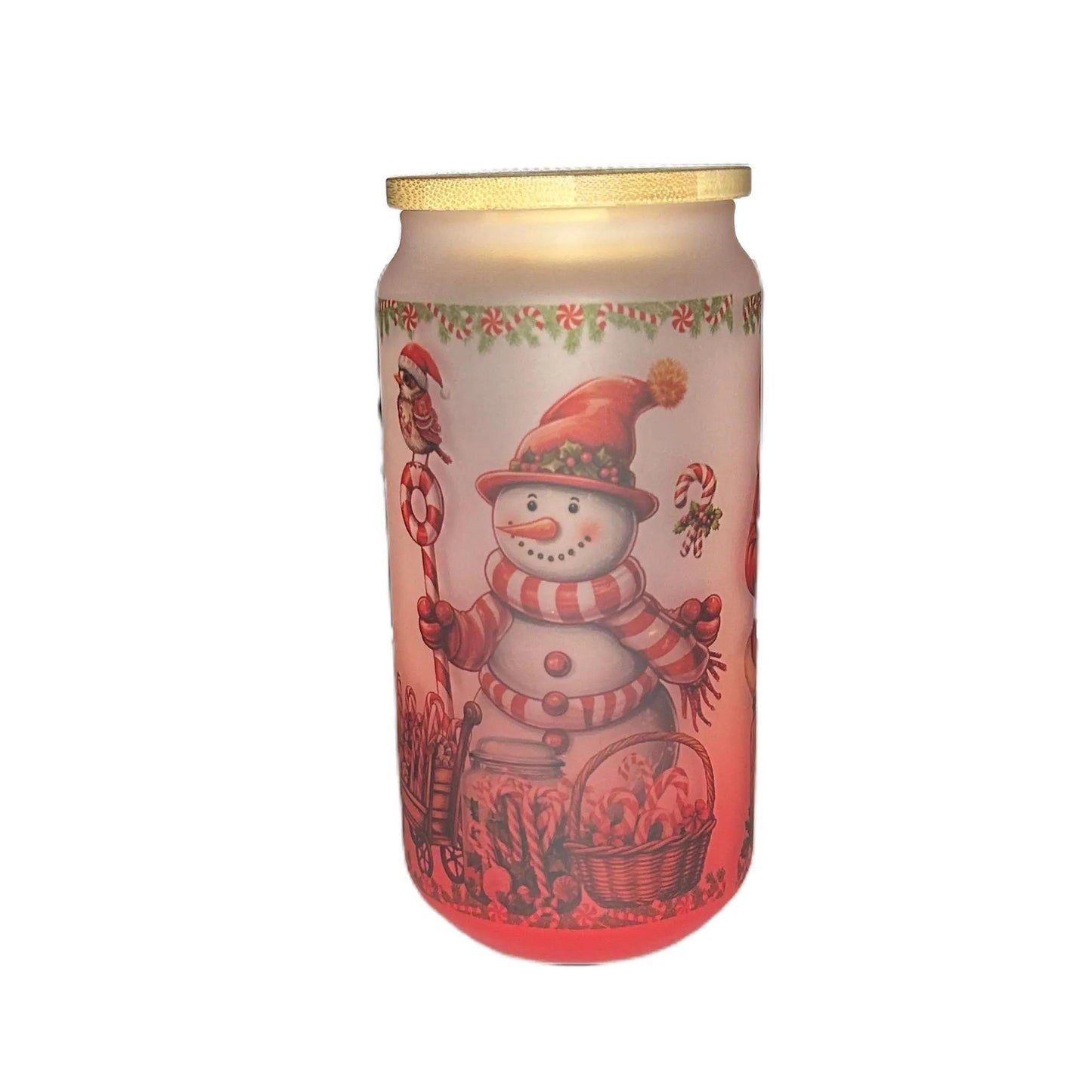 18 oz Red Frosted Glass Bamboo Cup with Merry Christmas and Candy Can Kisses Drinkware Lid