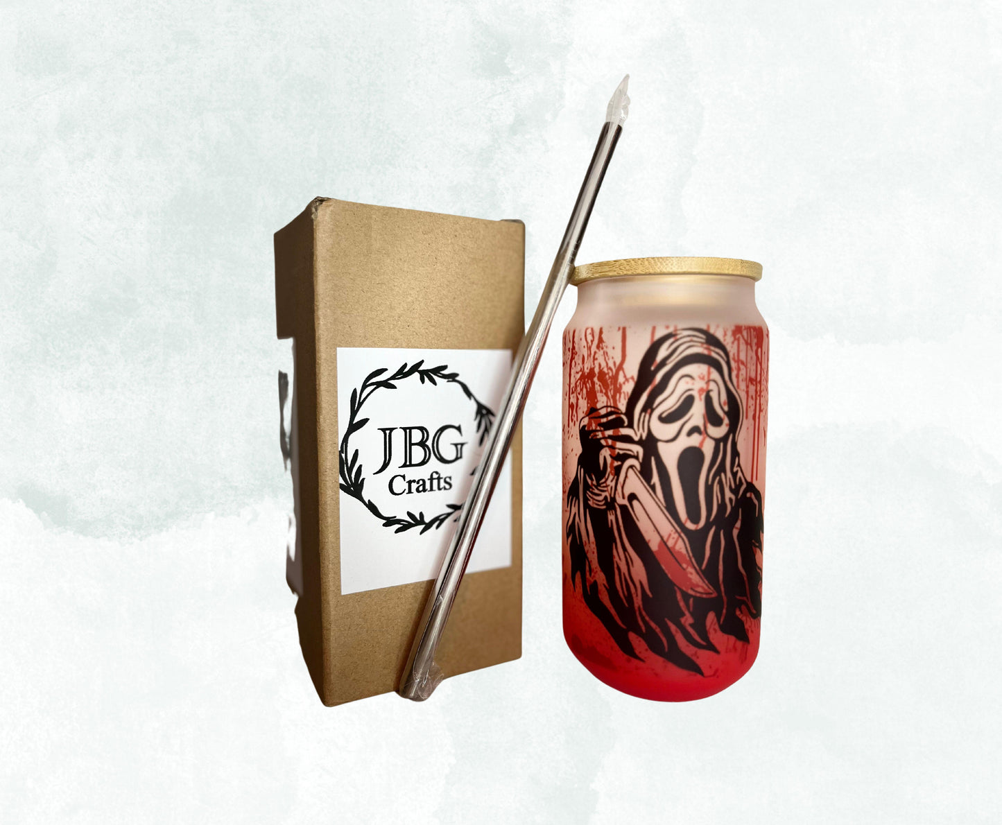 16oz Red Bloody Ghost Face Frosted Glass Can With Bamboo Lid and Straw Drinkware Stylish