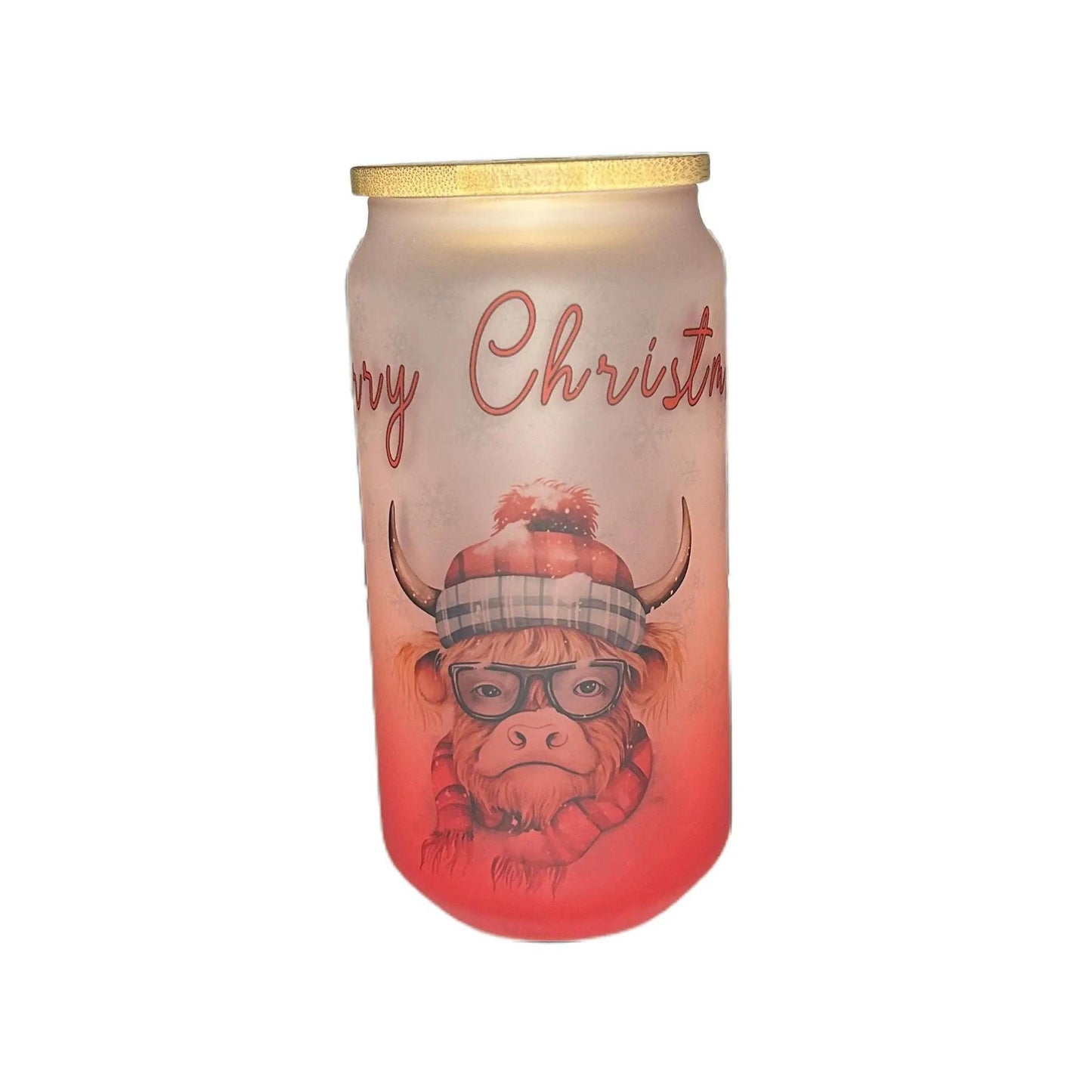 18 oz Red Frosted Glass Bamboo Glass with Merry Christmas and Reindeer Drinkware Lid