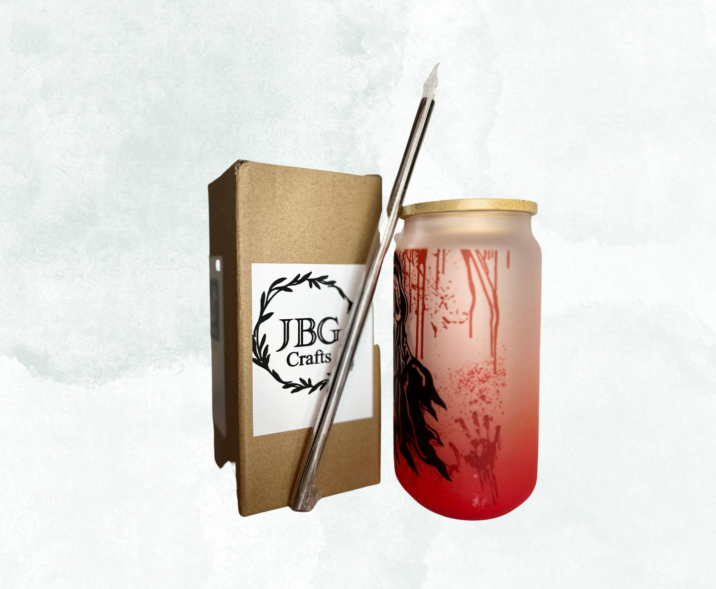 16oz Red Bloody Ghost Face Frosted Glass Can With Bamboo Lid and Straw Drinkware Stylish