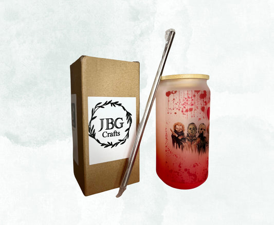 18oz Red Horror Movie Collection Frosted Glass Can With Bamboo Lid and Straw Drinkware